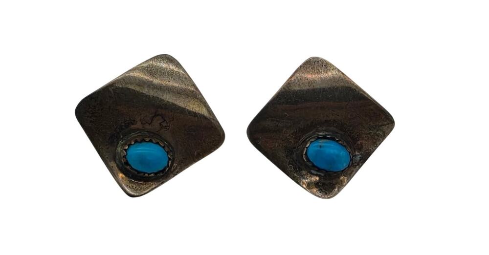 Vintage Southwestern Sterling Silver Turquoise Stud Earrings Cabochon
